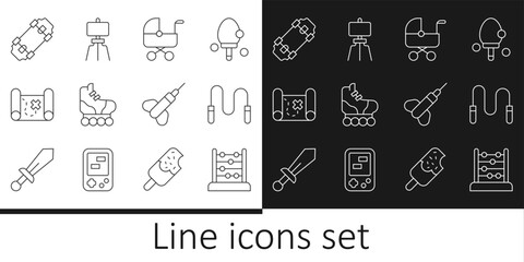 Set line Abacus, Jump rope, Baby stroller, Roller skate, Pirate treasure map, Skateboard, Dart arrow and Wood easel icon. Vector