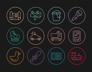 Set line Toy train, Tetris electronic game, Sand bucket, Radio controlled car toy, Roller skate, Pirate treasure map, truck and Slingshot icon. Vector
