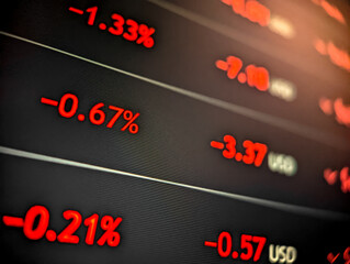 Stock market cryptocurrency price chart with red numbers displayed on a pixelated monitor with dark background