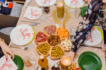 Family Together Christmas Celebration Concept.Christmas new year dinner group concept,top view.