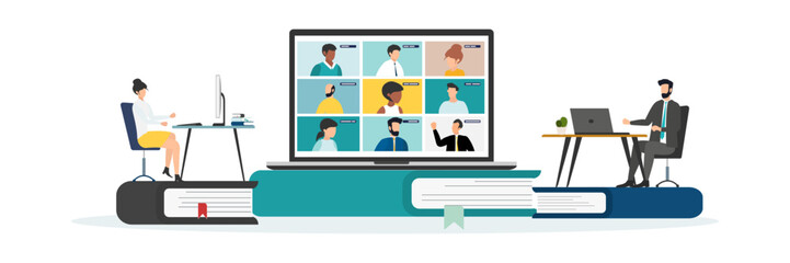 Home education concept. People study at home using a computer. Remote working. Video conference on laptop computer. Work from home and work from anywhere concept Vector.