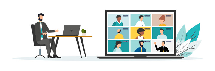 Home education concept. People study at home using a computer. Remote working. Video conference on laptop computer. Work from home and work from anywhere concept Vector.