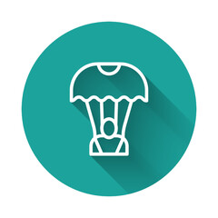 White line Parachute icon isolated with long shadow background. Green circle button. Vector