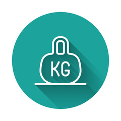 White line Weight icon isolated with long shadow background. Kilogram weight block for weight lifting and scale. Mass symbol. Green circle button. Vector