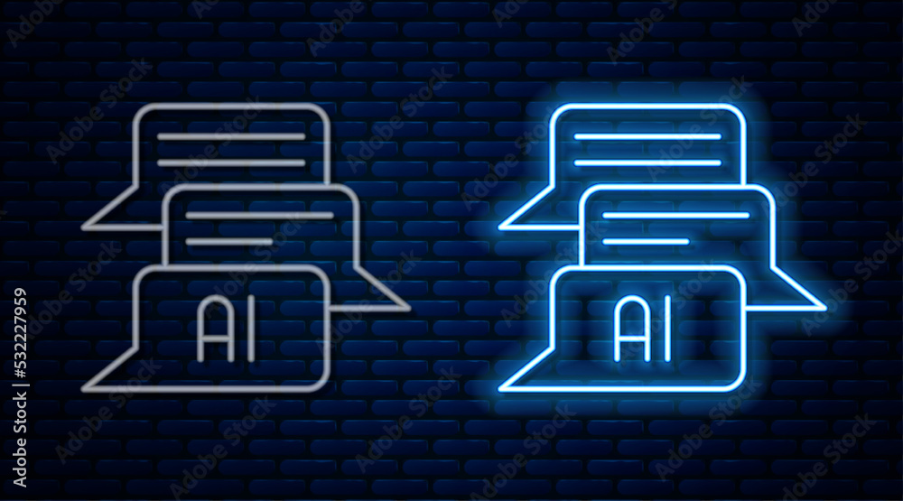 Sticker Glowing neon line Chat bot icon isolated on brick wall background. Chatbot icon. Vector