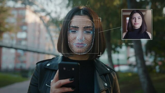 Modern Technology Using Phone Face Recognition Biometrics Portrait. High Tech 3D Detection of Person Face ID and Young beautiful Female Waving.