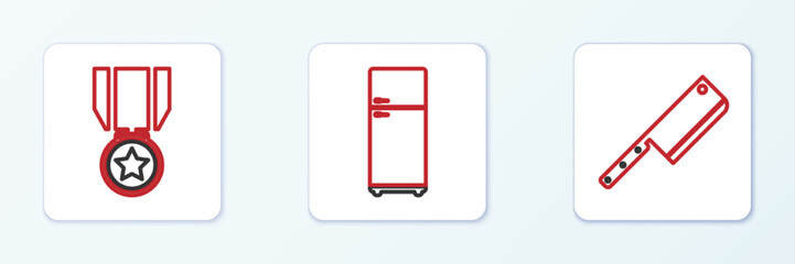 Set line Meat chopper, Medal with star and Refrigerator icon. Vector