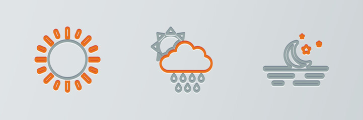 Set line Moon and stars, Sun and Cloud with rain sun icon. Vector