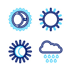 Set line Cloud with rain, Eclipse of the sun, Sun and icon. Vector
