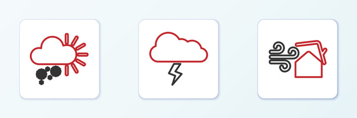 Set line Tornado swirl, Cloudy with snow and Storm icon. Vector
