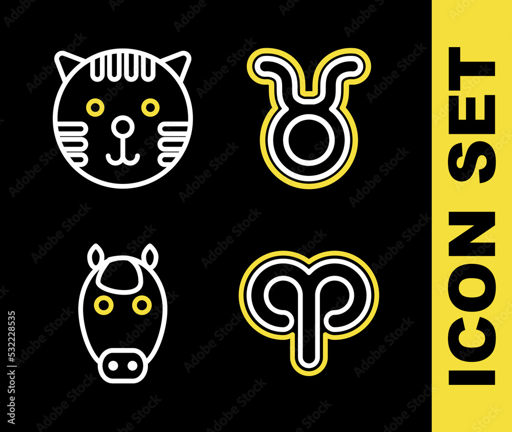 Sticker set line taurus zodiac, aries, horse and tiger icon. vector