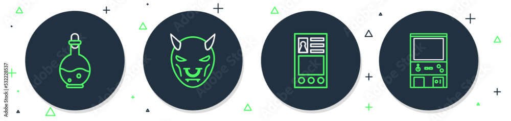 Poster set line mask of the devil with horns, create account screen, bottle magic elixir and retro arcade g