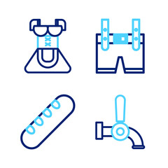 Set line Beer tap, French baguette bread, Lederhosen and Costume for women dirndl icon. Vector