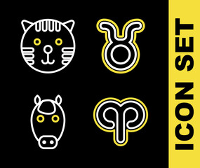 Set line Taurus zodiac, Aries, Horse and Tiger icon. Vector