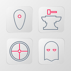 Set line Executioner mask, Round wooden shield, Anvil for blacksmithing hammer and Shield icon. Vector
