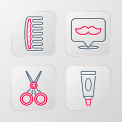 Set line Cream or lotion cosmetic tube, Scissors hairdresser, Barbershop and Hairbrush icon. Vector