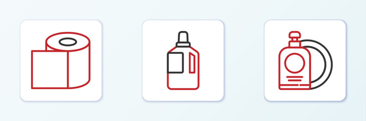 Set line Dishwashing liquid bottle and plate, Toilet paper roll and Fabric softener icon. Vector
