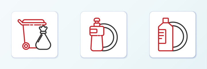 Set line Dishwashing liquid bottle and plate, Trash can garbage bag and icon. Vector