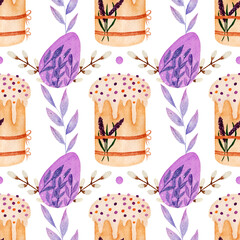 Watercolor Easter pattern, with Easter cake decorated by lavender, purple eggs, willow, leaves on a white background.
