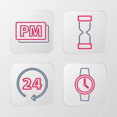 Set line Wrist watch, Clock 24 hours, Old hourglass and PM icon. Vector