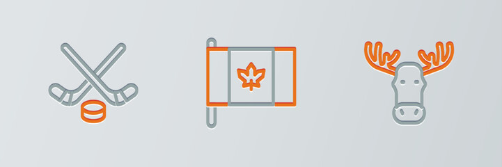 Set line Moose head with horns, Ice hockey sticks and puck and Flag of Canada icon. Vector