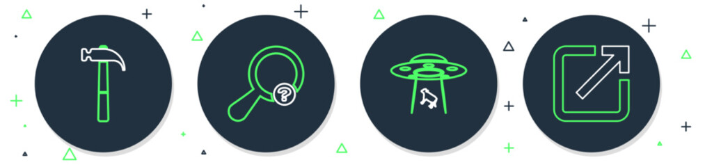 Set line Unknown search, UFO abducts cow, Hammer and Open in new window icon. Vector