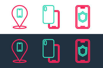 Set line Mobile with shield, Phone repair service and Smartphone icon. Vector