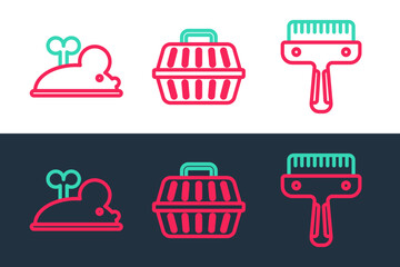 Set line Hair brush for dog and cat, Clockwork mouse and Pet carry case icon. Vector