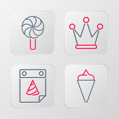 Set line Ice cream in waffle cone, Calendar party, Crown and Lollipop icon. Vector