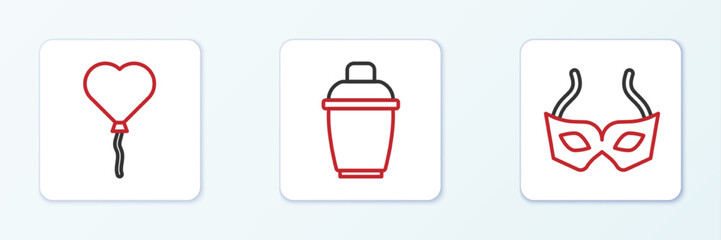Set line Festive mask, Balloons in form of heart and Cocktail shaker icon. Vector
