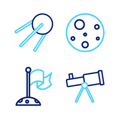 Set line Telescope, Moon with flag, Planet Mars and Satellite icon. Vector