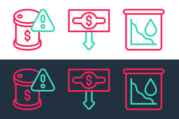 Set line Drop in crude oil price, and Dollar rate decrease icon. Vector