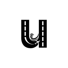 alphabet illustration of the letter U with roads, airports, seas, waves, runways and planes