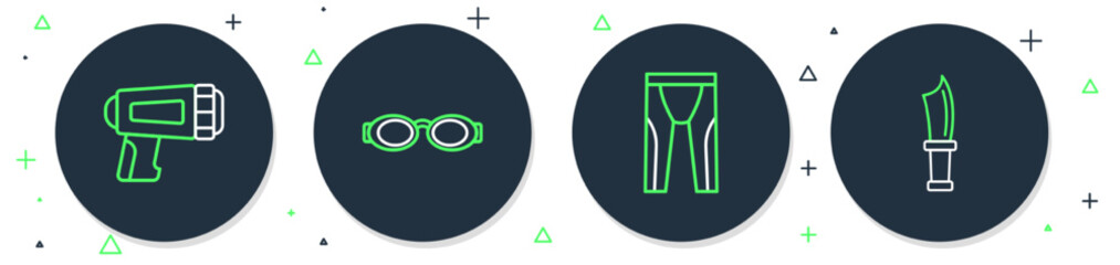 Set line Glasses for swimming, Wetsuit scuba diving, Flashlight diver and Diving knife icon. Vector