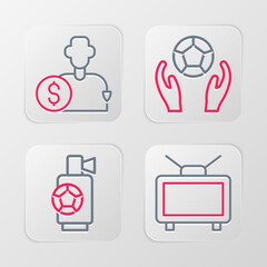 Set line Football match on TV, Air horn, Soccer football and Buy player icon. Vector
