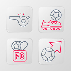 Set line Soccer football ball, Fan club, Football shoes and Whistle icon. Vector