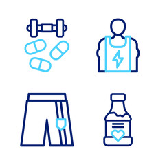 Set line Vitamins, Short or pants, Bodybuilder and Sports doping with dumbbell icon. Vector