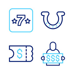 Obraz premium Set line Slot machine spin button, Lottery ticket, Horseshoe and Casino slot icon. Vector