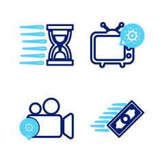 Set line Fast payments, Video camera setting, Tv and Old hourglass with sand icon. Vector