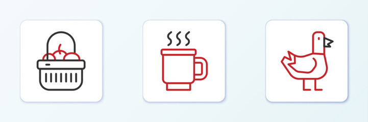 Set line Dove, Basket and food and Cup of tea icon. Vector