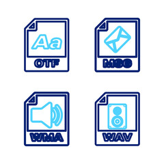 Obraz premium Set line WAV file document, WMA, MSG and OTF icon. Vector