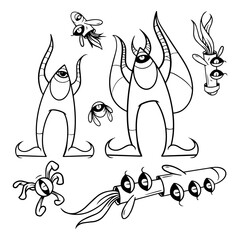 Very cool and artistic set of doodle monster pictures. black and white, suitable for doodle design elements, murals, coloring books and others.