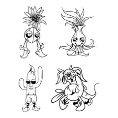 Very cool and artistic set of doodle vector plant monster invasion. black and white, suitable for doodle design elements, murals, coloring books and others.
