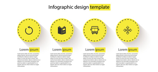 Set Refresh, Open book, Bus and Pixel arrows in four directions. Business infographic template. Vector