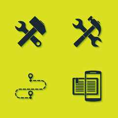 Set Crossed hammer and wrench, Smartphone book, Route location and icon. Vector