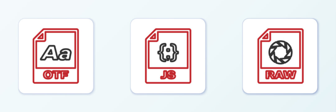 Set line RAW file document, OTF and JS icon. Vector