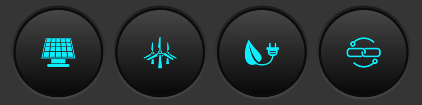 Set Solar Energy Panel, Wind Turbines, Electric Saving Plug Leaf And Chain Link Line Icon. Vector