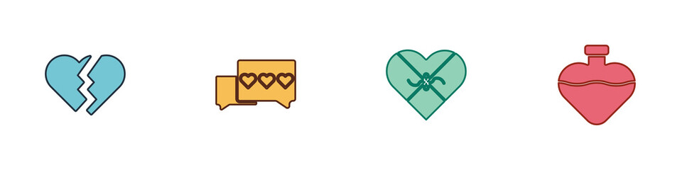 Set Broken heart, Like and, Candy in shaped box and Bottle with love potion icon. Vector