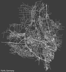 Detailed negative navigation white lines urban street roads map of the German regional capital city of FÜRTH, GERMANY on dark gray background