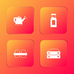 Set Watering can, Bottle with milk, Chicken egg box and Bag of flour icon. Vector